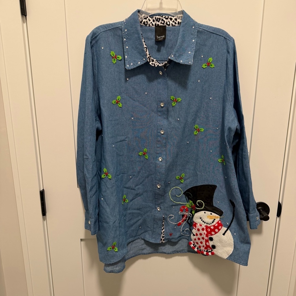 Berek Studio XL Cotton Blend Denim Button Down Shirt Holiday Rhinestone Snowman